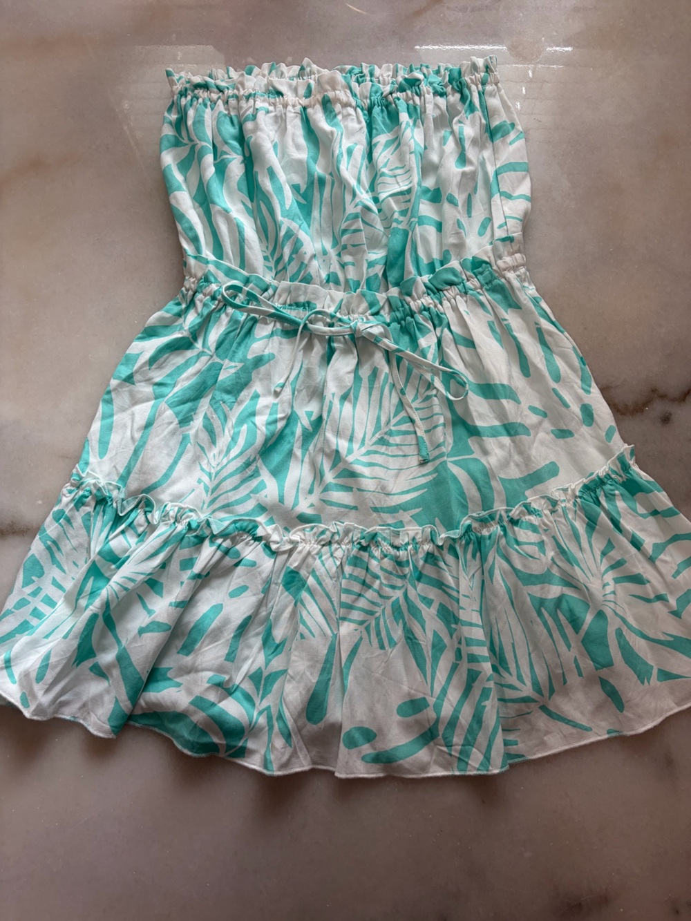Ocean Drive White and Teal Tropical Strapless Sundress